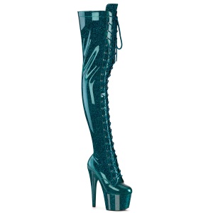 Glitter 18 cm ADORE-3020GP blauwgroen overknee boots hoge hakken met veters