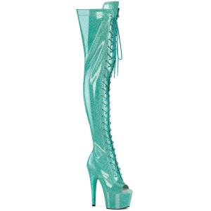 Glitter 18 cm PEEP TOE Groene overknee boots hoge hakken met veters