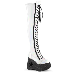 Hologram 13 cm DYNAMITE-300 overknee laarzen met wedge plateau witte