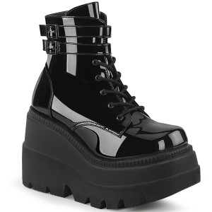 Lakleer 11,5 cm SHAKER-52 demonia sleehakken boots met plateau zwart