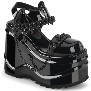 Lakleer Zwart 15 cm DemoniaCult WAVE-20 lolita plateau wedge sandalen sleehak