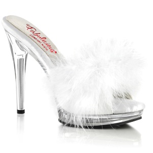 Leatherette 12,5 cm GLORY-501F-8 White mules high heels with marabou feathers