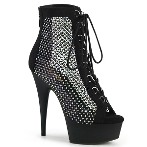 Rhinestones mesh fabric 15 cm DELIGHT lace up ankle boots in black