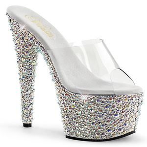 Transparent Silver 18 cm BEJEWELED-701MS Strass Platform Mules