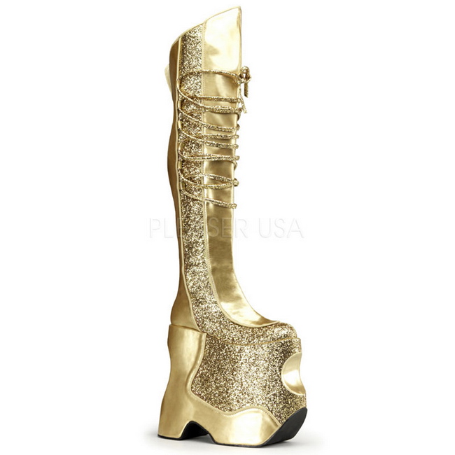 Fetish Schoenen DEVIOUS Goud Glitter 28 cm SPLASHY 3020 Overknee Laarzen Drag Queen