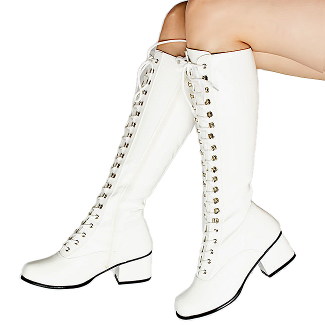 Witte veterlaarzen lakleer 5 cm jaren 70 gogo boots hippie disco rijglaarzen