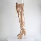 Glitter 18 cm PEEP TOE Golden thigh high boots with laces high heels