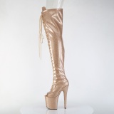 Glitter 20 cm PEEP TOE Gouden overknee boots hoge hakken met veters