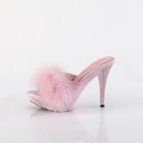 Kunstleer 11,5 cm ELEGANT-401F Roze mules hoge hakken met veren