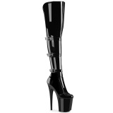 Patent 20 cm FLAMINGO-3018 high heeled thigh high boots with buckles black