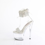 Silver 18 cm PASSION-727RS transparent platform high heels with ankle straps