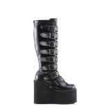 Sleehakken 14 cm S815 PU zwarte plateau laarzen dames met gespen