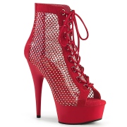 Strass mesh 15 cm DELIGHT lace-up boots with platform and heels in red