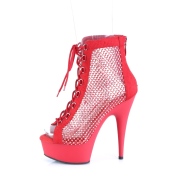 Strass netstof 15 cm DELIGHT veterboots met plateau en hakken in rood