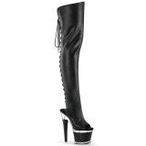 Vegan 18 cm SPECTATOR-3030 black high heeled thigh high boots open toe with lace up