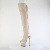 Vegan veterlaarzen 18 cm SPECTATOR-3030 beige open teen overknee laarzen high heels met veters